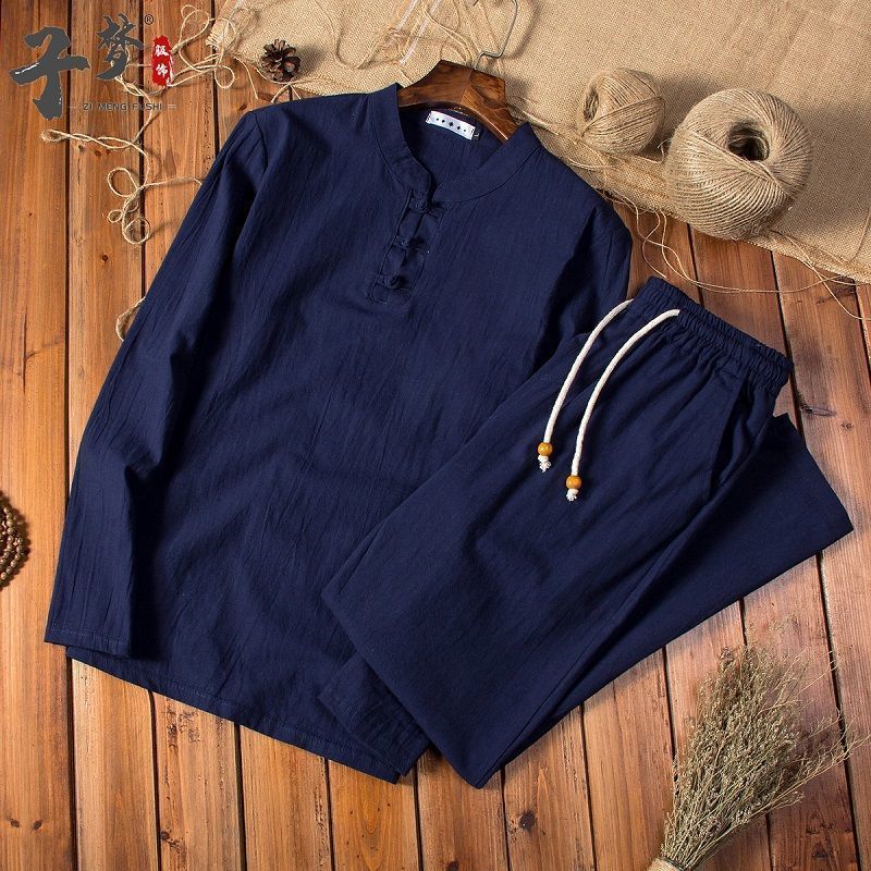Chinese Style Linen Suit Men'S Autumn Loose Tang Coat Long-Sleeved Vintage Cotton Linen Casual Middle-Aged Dad'S Suit - Image 1
