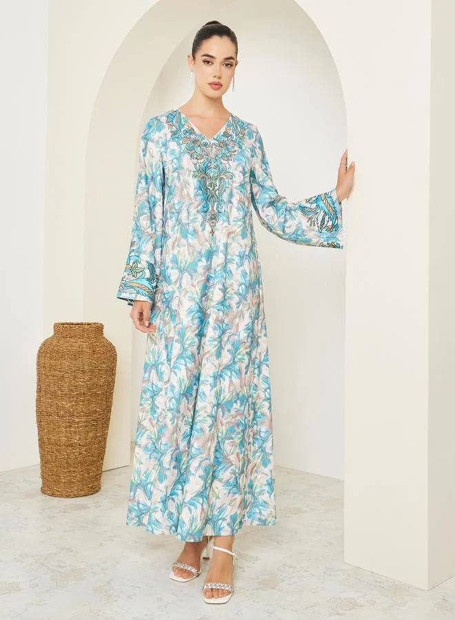 Amirah Women Blue Floral Print Embroidered Jalabiya