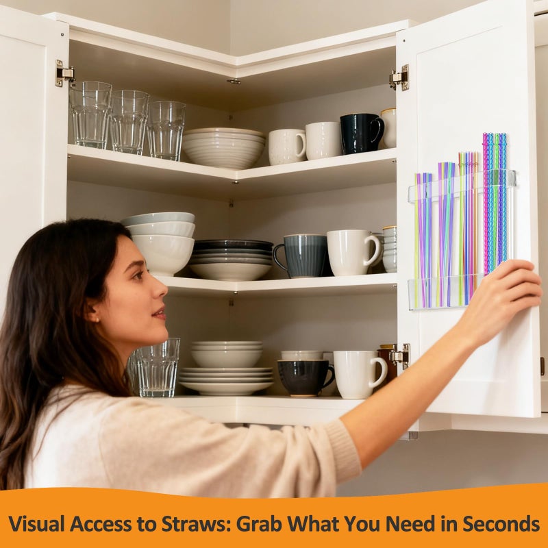 Homecor 2 PACK Acrylic Straw Holder for Cabinet Door - Reusable Tumbler Straw Organizer Storage Dispenser with Ultra Sticky Adhesive Strips, Small Kitchen Accessories Container for Kitchen Cupboard Door - Image 4