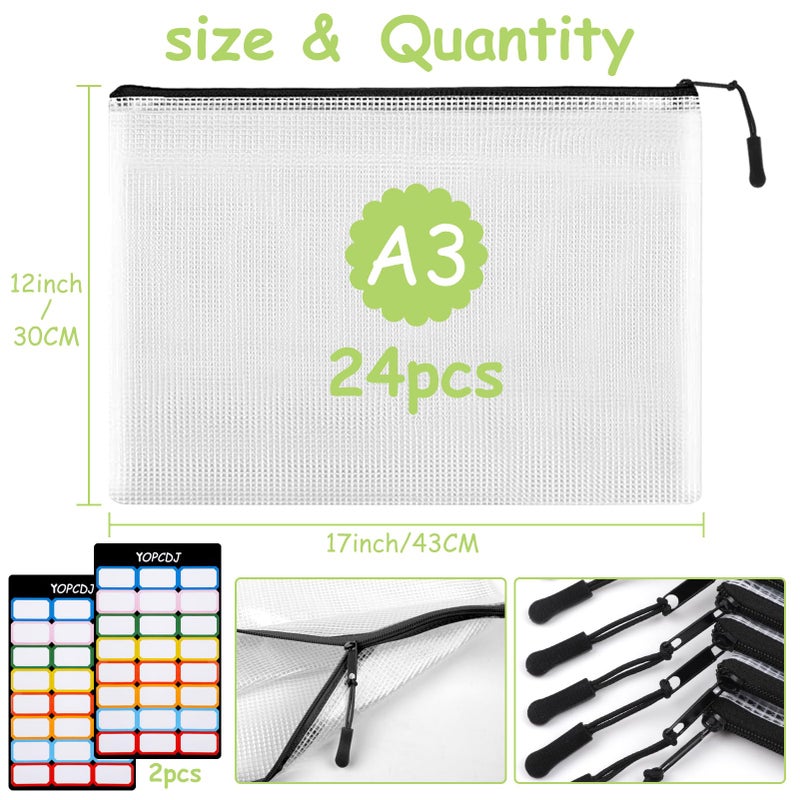 YOPCDJ 24pcs Mesh Zipper Pouches, A3 Size 17 x 12 inches Waterproof Black Zipper Bags, Water-Resistant Plastic Zipper Pouch for School Office Supplies, Puzzles & Games Organizing Storage - Image 2