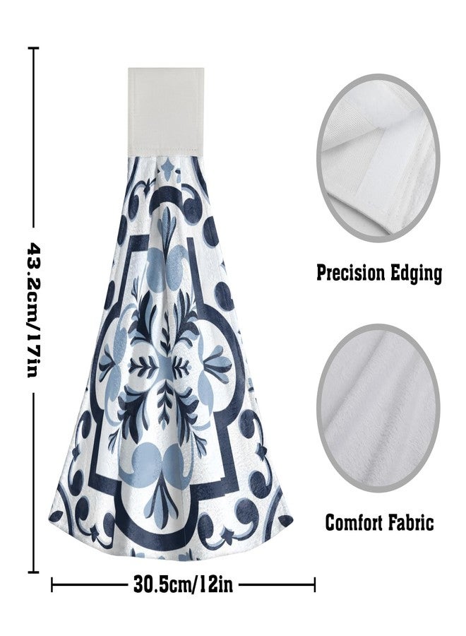Giwawa Navy Flower Kitchen Hand Towels Modern Boho Hanging Tie Towels Fast Drying Dish Cloth with Loop 2 PCS for Bathroom Restroom Home Decor - Image 2