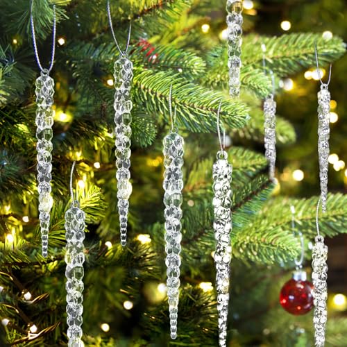 Jishi 24pk Christmas Icicle Ornaments for Christmas Tree Decorations, Hanging Acrylic Crystal Christmas Ornaments 5.1" Clear Plastic Icicles for Xmas Tree Winter Wonderland Home Decor Holiday Party Supplies - Image 1