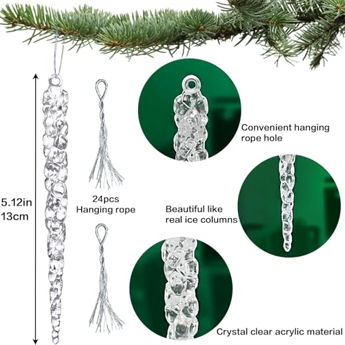 Jishi 24pk Christmas Icicle Ornaments for Christmas Tree Decorations, Hanging Acrylic Crystal Christmas Ornaments 5.1" Clear Plastic Icicles for Xmas Tree Winter Wonderland Home Decor Holiday Party Supplies - Image 2