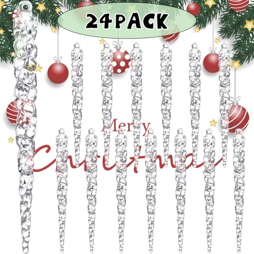 Jishi 24pk Christmas Icicle Ornaments for Christmas Tree Decorations, Hanging Acrylic Crystal Christmas Ornaments 5.1" Clear Plastic Icicles for Xmas Tree Winter Wonderland Home Decor Holiday Party Supplies - Image 3