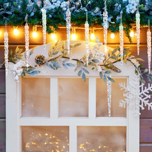 Jishi 24pk Christmas Icicle Ornaments for Christmas Tree Decorations, Hanging Acrylic Crystal Christmas Ornaments 5.1" Clear Plastic Icicles for Xmas Tree Winter Wonderland Home Decor Holiday Party Supplies - Image 5