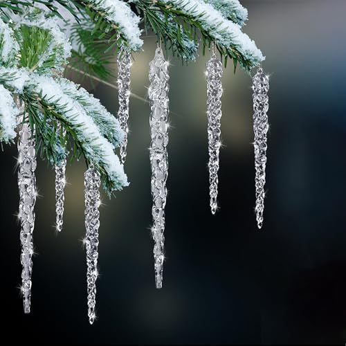 Jishi 24pk Christmas Icicle Ornaments for Christmas Tree Decorations, Hanging Acrylic Crystal Christmas Ornaments 5.1" Clear Plastic Icicles for Xmas Tree Winter Wonderland Home Decor Holiday Party Supplies - Image 4
