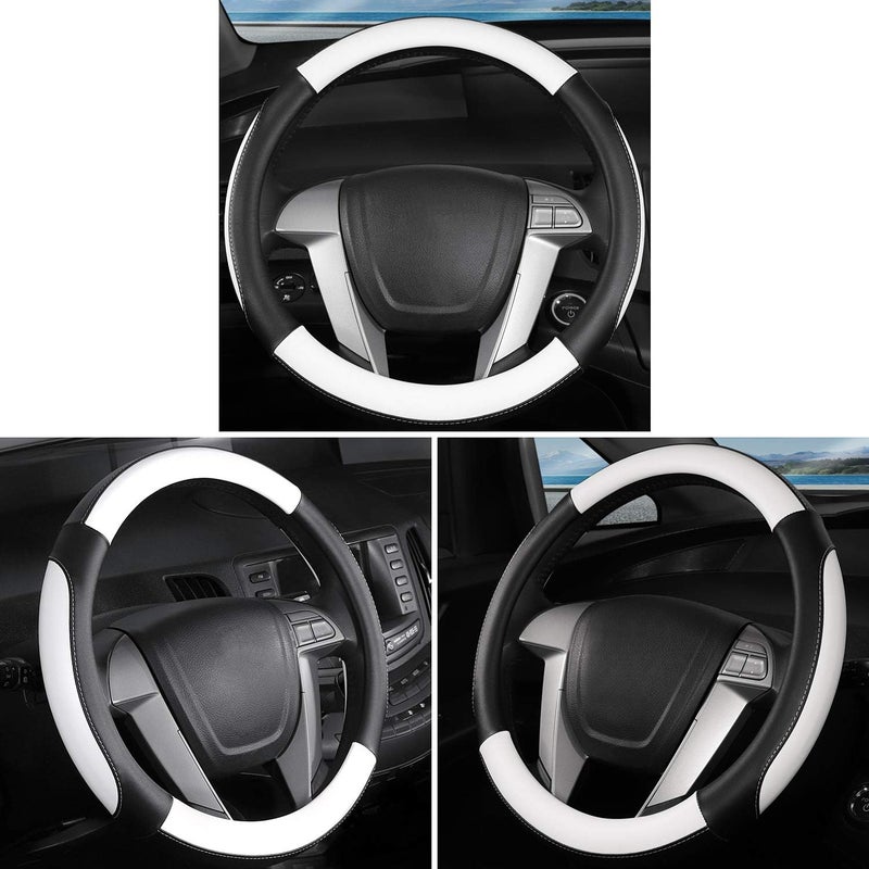 سيج دايركت غطاء عجلة قيادة سيارة مقاس صغير من لسيارات Prius وCivic وModel 3 وModel Y وCamaro وRogue بقطر خارجي 14-14.25 بوصة، جلد صناعي أسود وأبيض - Image 2