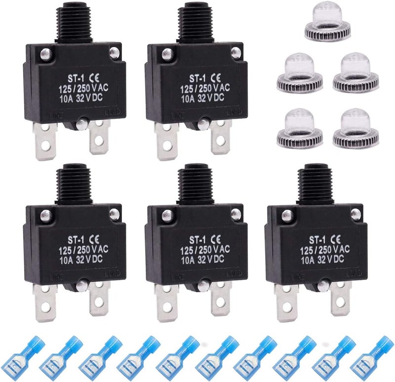 mxuteuk 5Pcs 10Amp Circuit Breakers Push Button Manual Reset 125/250V AC 32V DC,Overload Protector Switch Thermal Circuit Breakers with Quick Connect Terminals and Waterproof Button Caps ST1-5-10A - Image 1