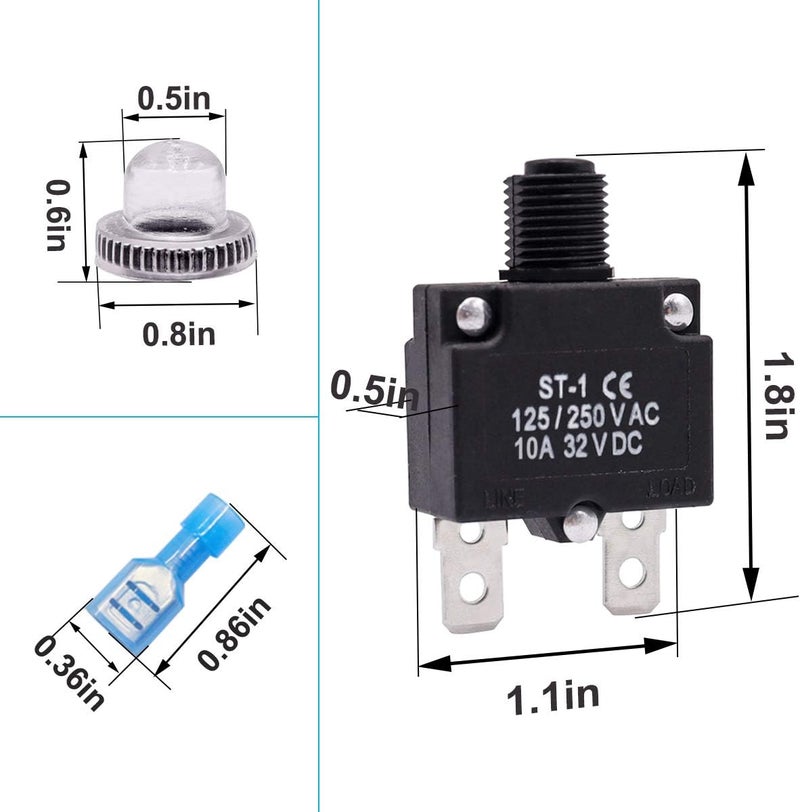mxuteuk 5Pcs 10Amp Circuit Breakers Push Button Manual Reset 125/250V AC 32V DC,Overload Protector Switch Thermal Circuit Breakers with Quick Connect Terminals and Waterproof Button Caps ST1-5-10A - Image 2