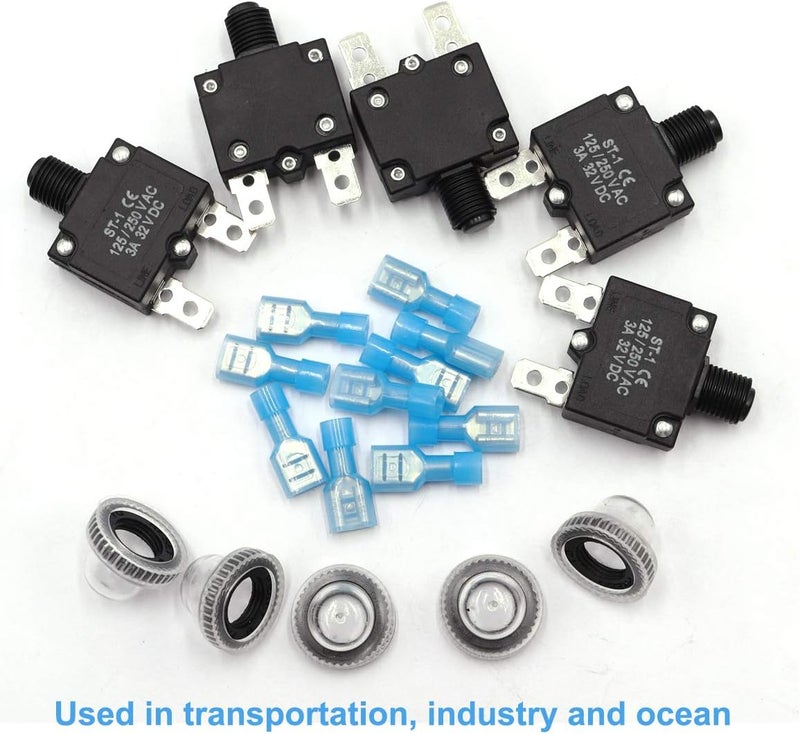 mxuteuk 5Pcs 10Amp Circuit Breakers Push Button Manual Reset 125/250V AC 32V DC,Overload Protector Switch Thermal Circuit Breakers with Quick Connect Terminals and Waterproof Button Caps ST1-5-10A - Image 5