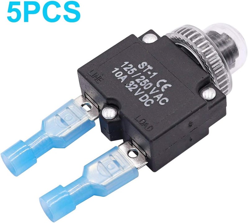 mxuteuk 5Pcs 10Amp Circuit Breakers Push Button Manual Reset 125/250V AC 32V DC,Overload Protector Switch Thermal Circuit Breakers with Quick Connect Terminals and Waterproof Button Caps ST1-5-10A - Image 3