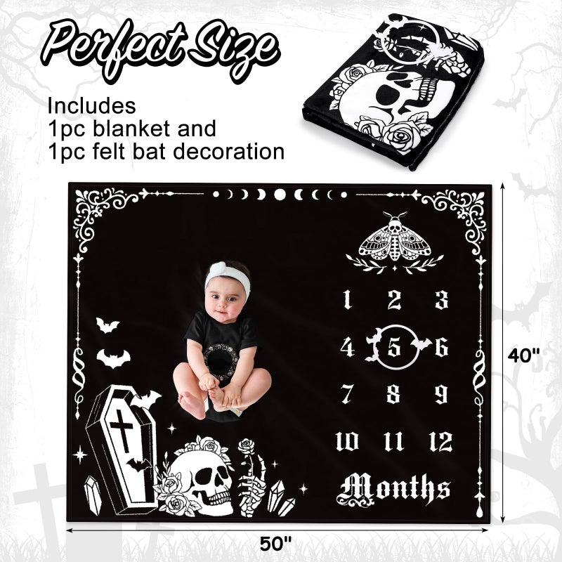 Gicoherero Gothic Baby Monthly Milestone Blanket, Goth Girl Boy Baby Shower Growth Chart Photo Prop Stuff Background for Newborn Mom Moth Nursery Bat Halloween Decorations 40" X 50" - Image 3
