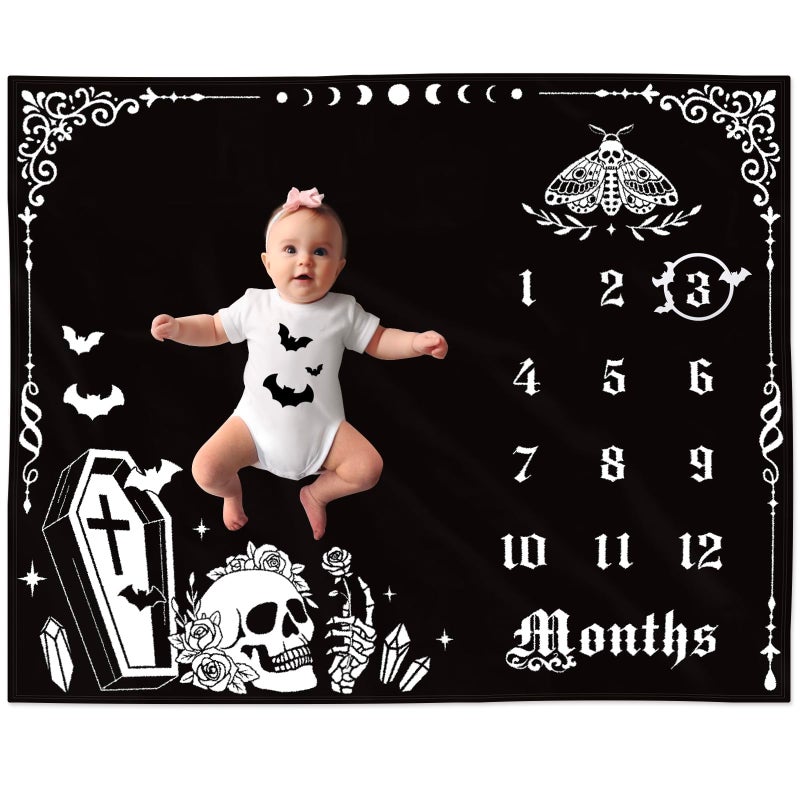 Gicoherero Gothic Baby Monthly Milestone Blanket, Goth Girl Boy Baby Shower Growth Chart Photo Prop Stuff Background for Newborn Mom Moth Nursery Bat Halloween Decorations 40" X 50" - Image 1