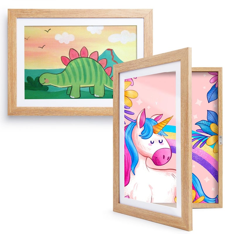 MuslinZ مجموعة كروما بوليس من 2 إطار صور لرسم الأطفال، إطار صور A4 من مادة MDF، فن الأطفال A4، إطار صور كولاج A4، إطارات مشبك لعرض أعمال الأطفال، لون خشبي - Image 1
