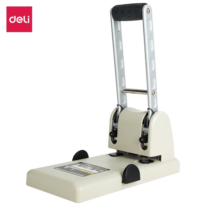 Deli E0130 Heavy Duty Paper Punch, 100-Sheet Capacity, 80mm Spacing, 6mm Holes, White Ash - Image 1