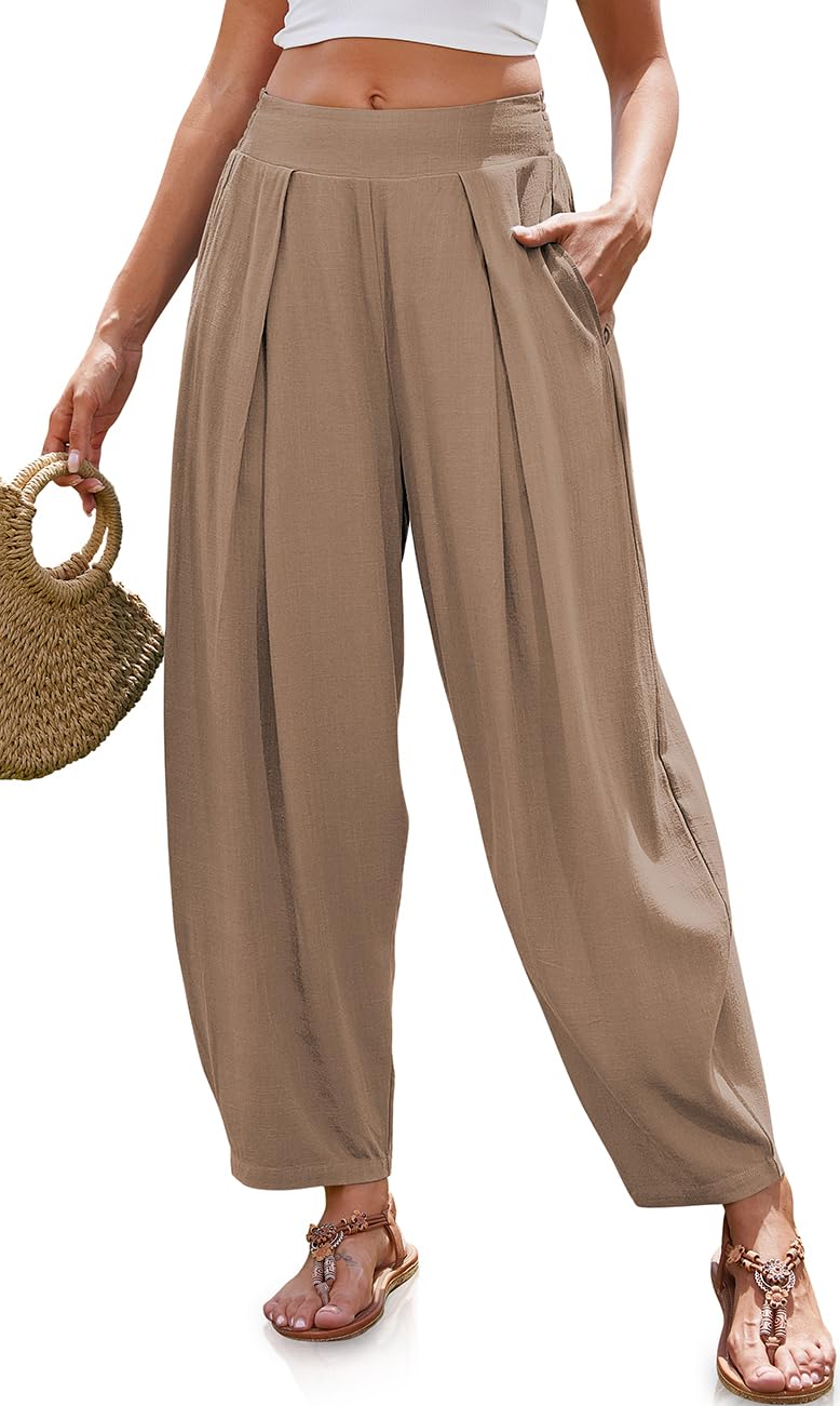 TARSE Womenâ€™s Linen Harem Pants Loose Fit Boho Pants with Wide Waistband Casual Lounge Trousers for Summer Beach Vacation MidCoffee, L - Image 1