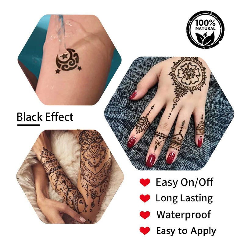 Yomagine Black Tattoo Cones, Yomagine 4Pcs Black Temporary Tattoo Kit, 100% Natural Ready to Use Tattoo Paste, India Body DIY Art Painting for Women Men Teen with 20 Adhesive Stencils, 1 Bottle, 4Nozzles - Image 3
