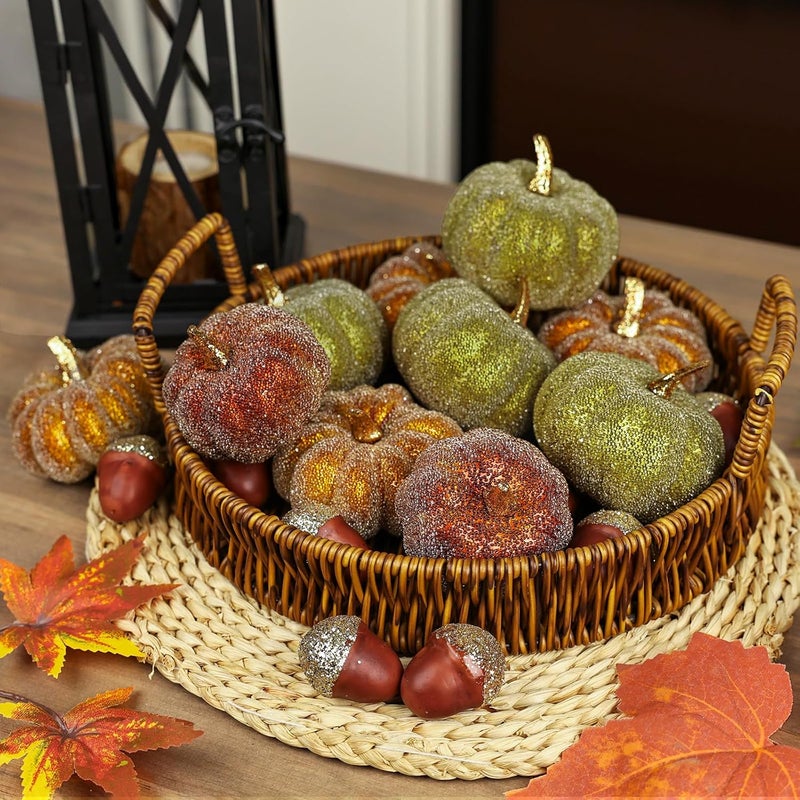 CHEAWRTZ Glitter Mini Pumpkin Decor Indoor 22PCS Halloween Pumpkins for Fall Decorations for Home Fall Centerpieces for Tables Outdoor Harvest Thanksgiving Party/Acorns Autumn Fillers Decor - Image 2
