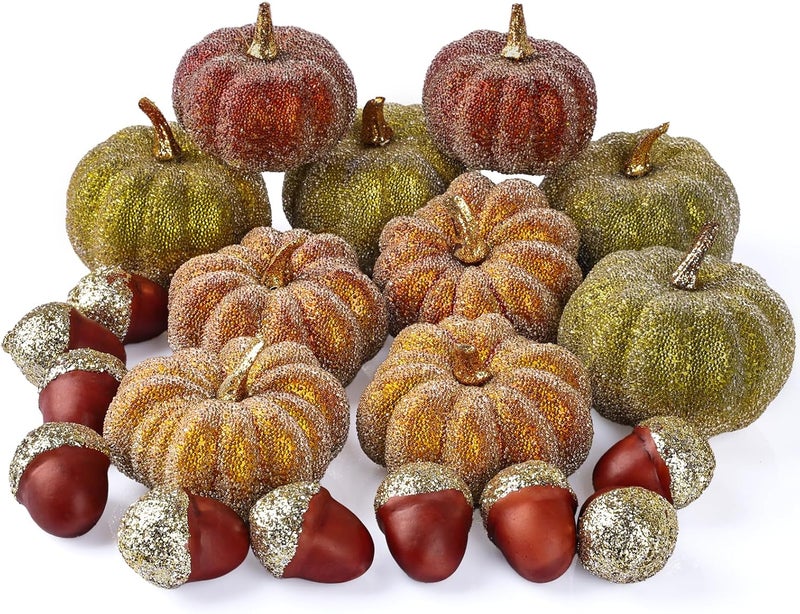 CHEAWRTZ Glitter Mini Pumpkin Decor Indoor 22PCS Halloween Pumpkins for Fall Decorations for Home Fall Centerpieces for Tables Outdoor Harvest Thanksgiving Party/Acorns Autumn Fillers Decor - Image 1