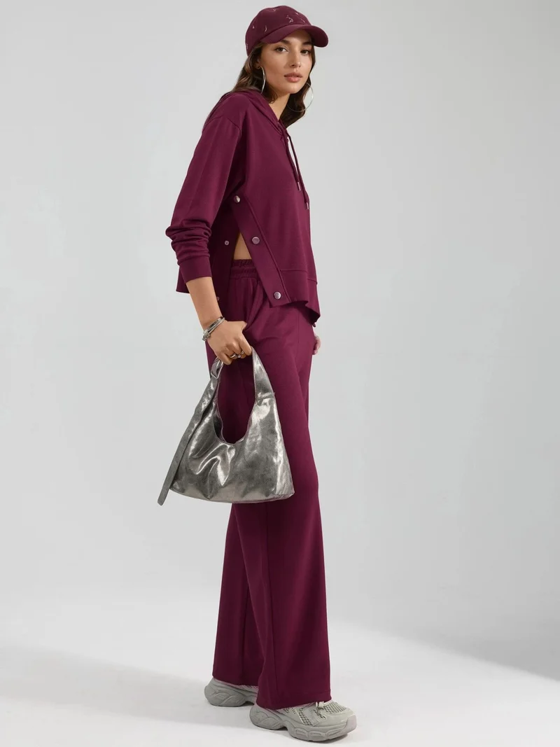 HICCUP Burgundy Red Modal Touch Hooded High Waist Wide Leg Two-Piece Set Bersan Collection for Women | Best Price UAE