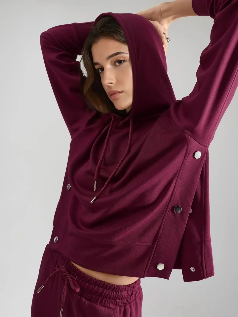 HICCUP Burgundy Red Modal Touch Hooded High Waist Wide Leg Two-Piece Set Bersan Collection for Women | Best Price UAE