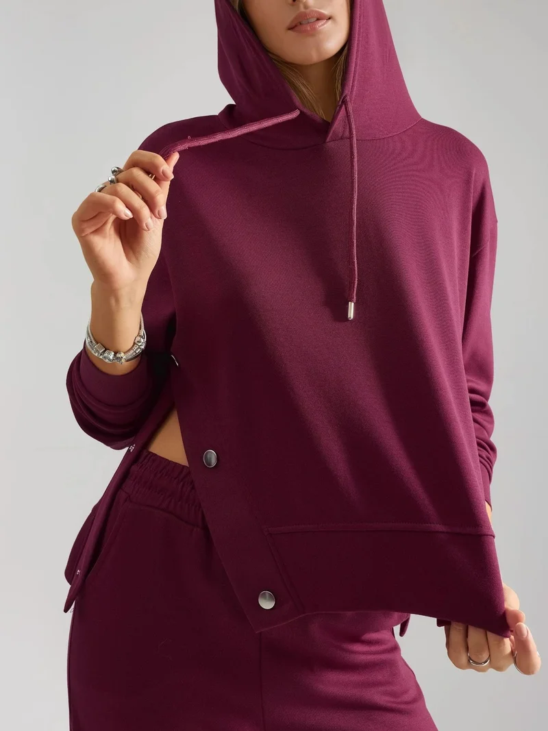 HICCUP Burgundy Red Modal Touch Hooded High Waist Wide Leg Two-Piece Set Bersan Collection for Women | Best Price UAE