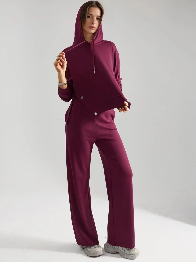 HICCUP Burgundy Red Modal Touch Hooded High Waist Wide Leg Two-Piece Set Bersan Collection for Women | Best Price UAE