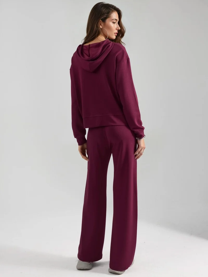 HICCUP Burgundy Red Modal Touch Hooded High Waist Wide Leg Two-Piece Set Bersan Collection for Women | Best Price UAE