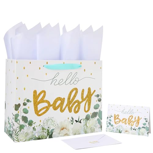 Qirrmiy 13 Large White Gift Bag Set with Greeting Card and Tissue Papers Gold Glitter Baby for Girls Birthday Party Womens Birthday Parties Baby Shower Baby Girl or Boy 13x52x102 1 Pcs - Image 2