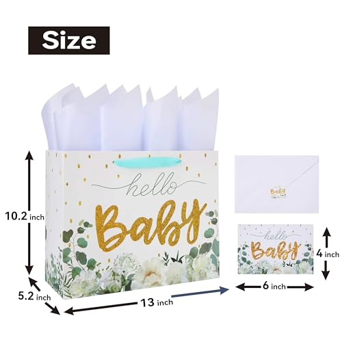 Qirrmiy 13 Large White Gift Bag Set with Greeting Card and Tissue Papers Gold Glitter Baby for Girls Birthday Party Womens Birthday Parties Baby Shower Baby Girl or Boy 13x52x102 1 Pcs - Image 5