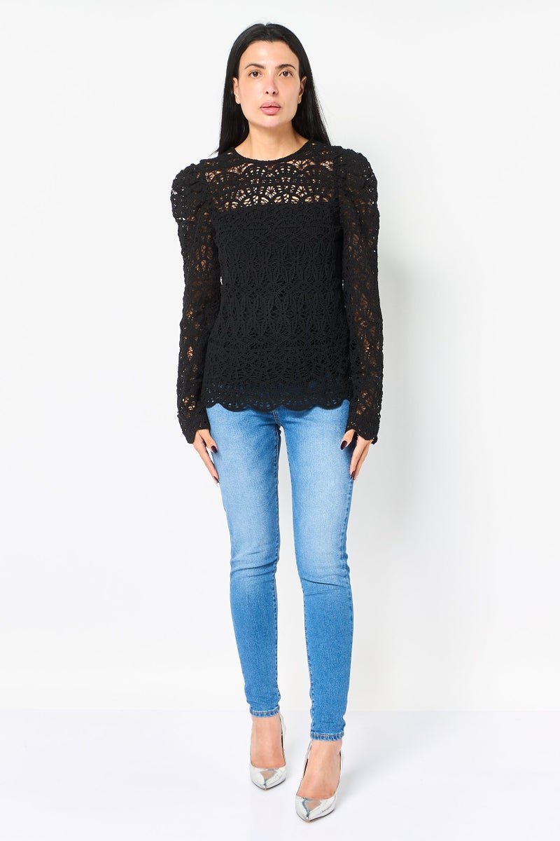 SALSA Women Crew Neck Long Sleeve Textured Top, Black - Image 2