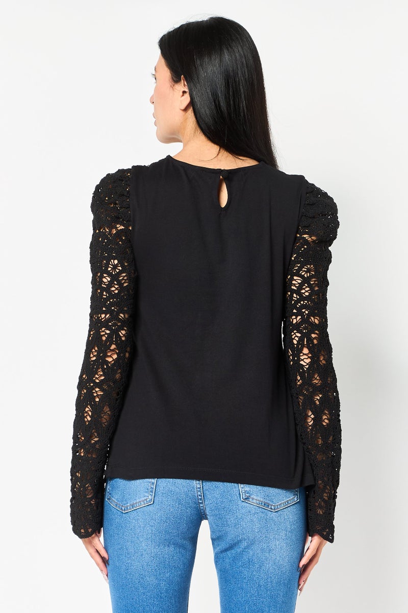 SALSA Women Crew Neck Long Sleeve Textured Top, Black - Image 4