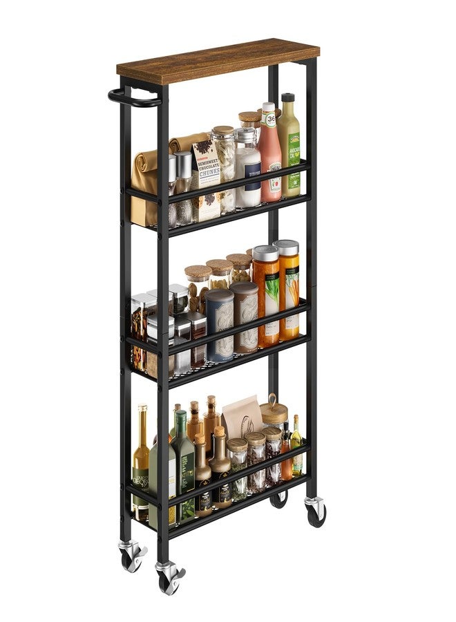 Pipishell Slim Storage Cart with Wheels - 4 Tier Rolling Kitchen Storage Cart with Handle and Wood Top, Metal Slim Bathroom Cart for Laundry Room, Bathroom, Kitchen, Narrow Space, Black & Rustic Brown - Image 1