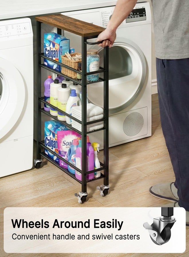 Pipishell Slim Storage Cart with Wheels - 4 Tier Rolling Kitchen Storage Cart with Handle and Wood Top, Metal Slim Bathroom Cart for Laundry Room, Bathroom, Kitchen, Narrow Space, Black & Rustic Brown - Image 4