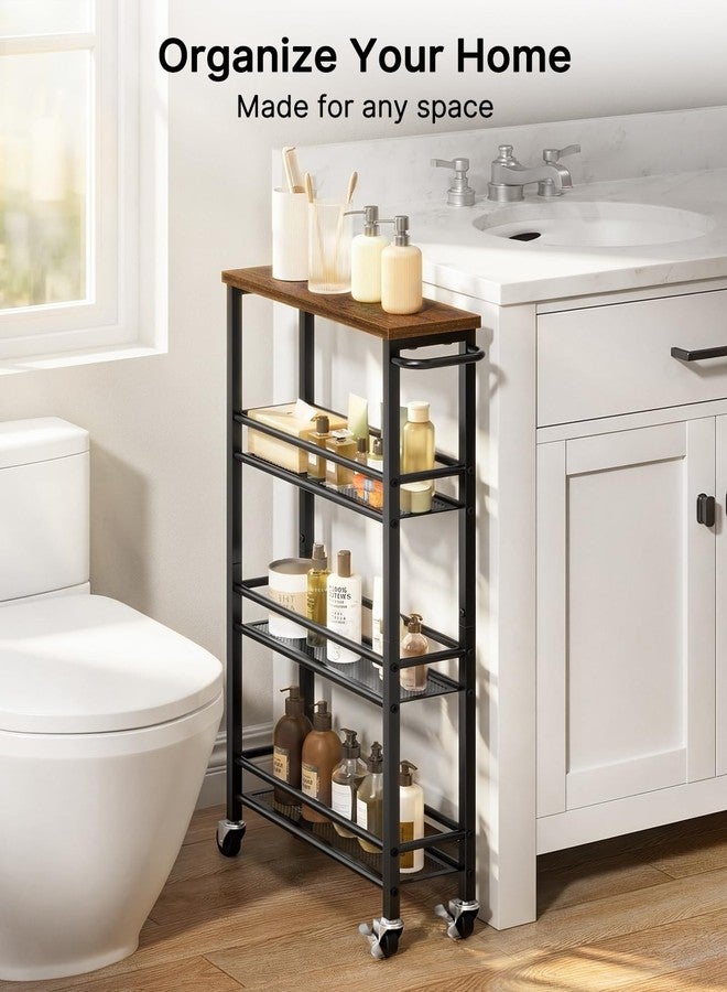 Pipishell Slim Storage Cart with Wheels - 4 Tier Rolling Kitchen Storage Cart with Handle and Wood Top, Metal Slim Bathroom Cart for Laundry Room, Bathroom, Kitchen, Narrow Space, Black & Rustic Brown - Image 5