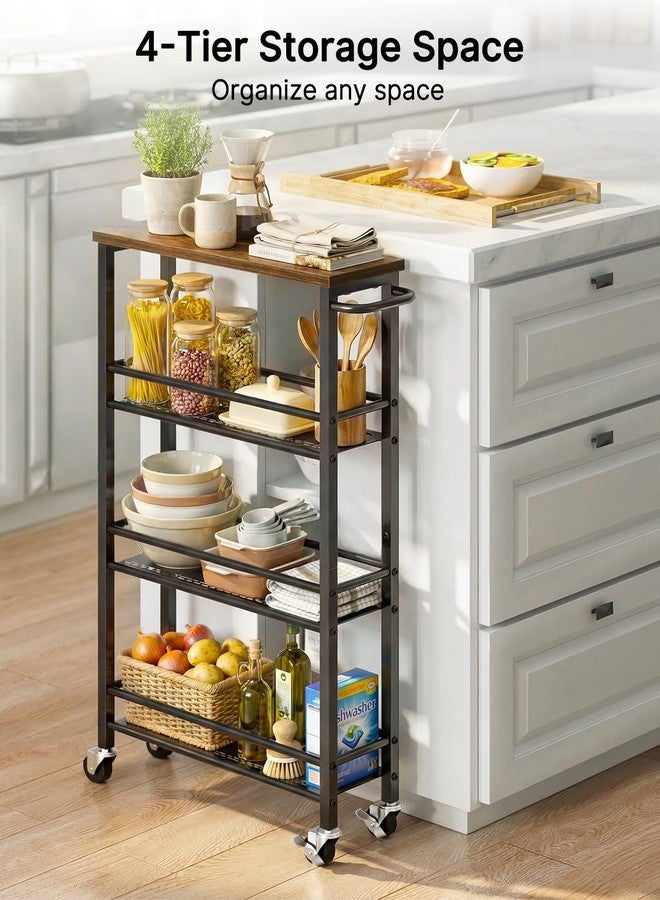 Pipishell Slim Storage Cart with Wheels - 4 Tier Rolling Kitchen Storage Cart with Handle and Wood Top, Metal Slim Bathroom Cart for Laundry Room, Bathroom, Kitchen, Narrow Space, Black & Rustic Brown - Image 3