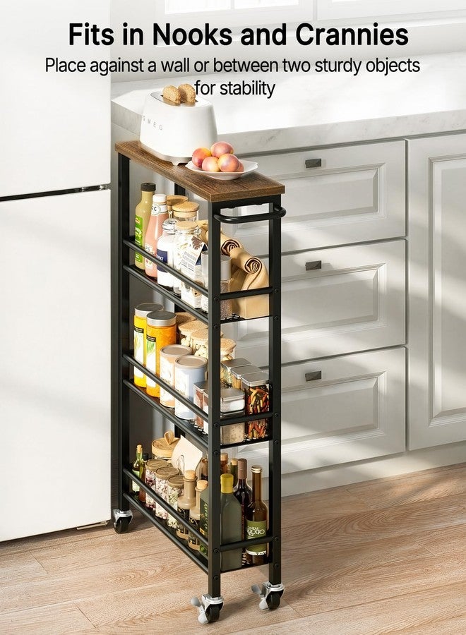 Pipishell Slim Storage Cart with Wheels - 4 Tier Rolling Kitchen Storage Cart with Handle and Wood Top, Metal Slim Bathroom Cart for Laundry Room, Bathroom, Kitchen, Narrow Space, Black & Rustic Brown - Image 2