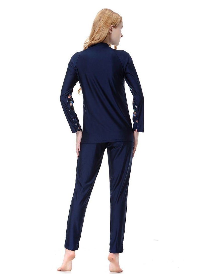 Loquat 3-Piece Conservative Swimwear Set Long Sleeve Printed Burkini Swimsuit Set Navy Blue  - Image 2
