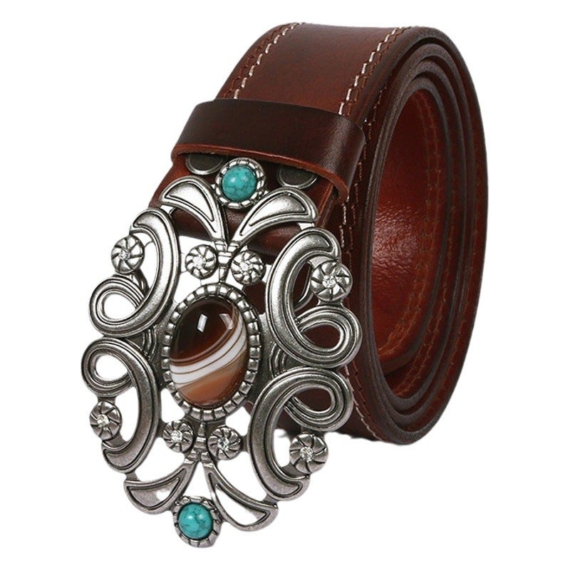Mongolian ethnic style first layer cowhide belt simulation agate stone smooth buckle men and women embossed belt wholesale - Image 1