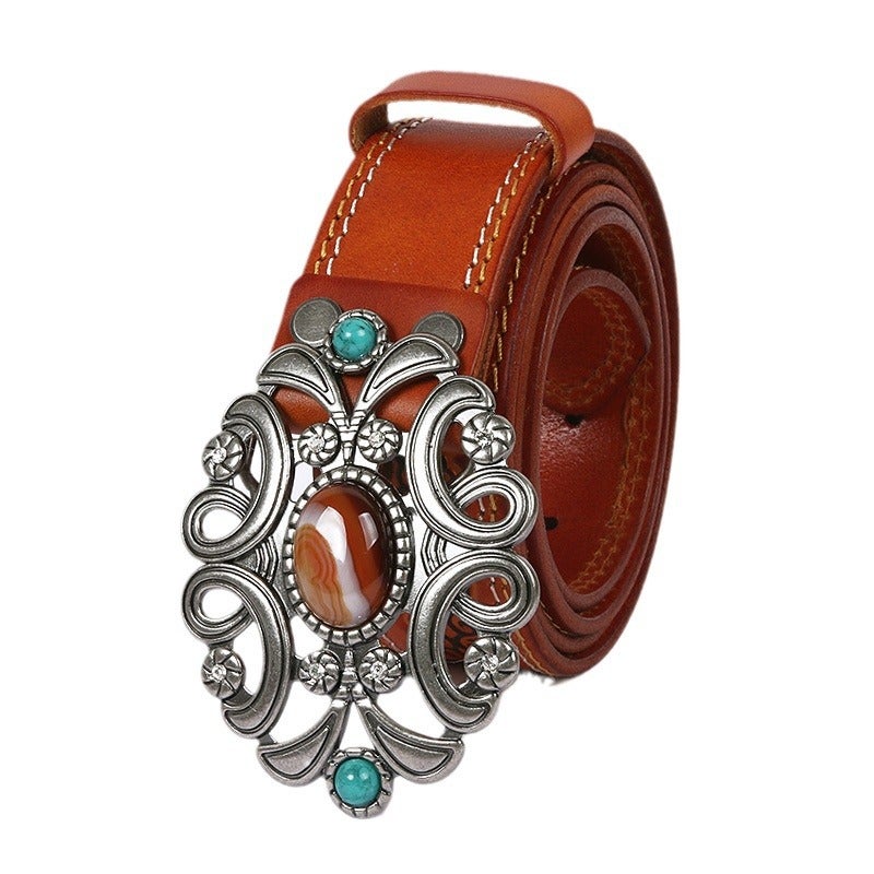 Mongolian ethnic style first layer cowhide belt simulation agate stone smooth buckle men and women embossed belt wholesale - Image 5