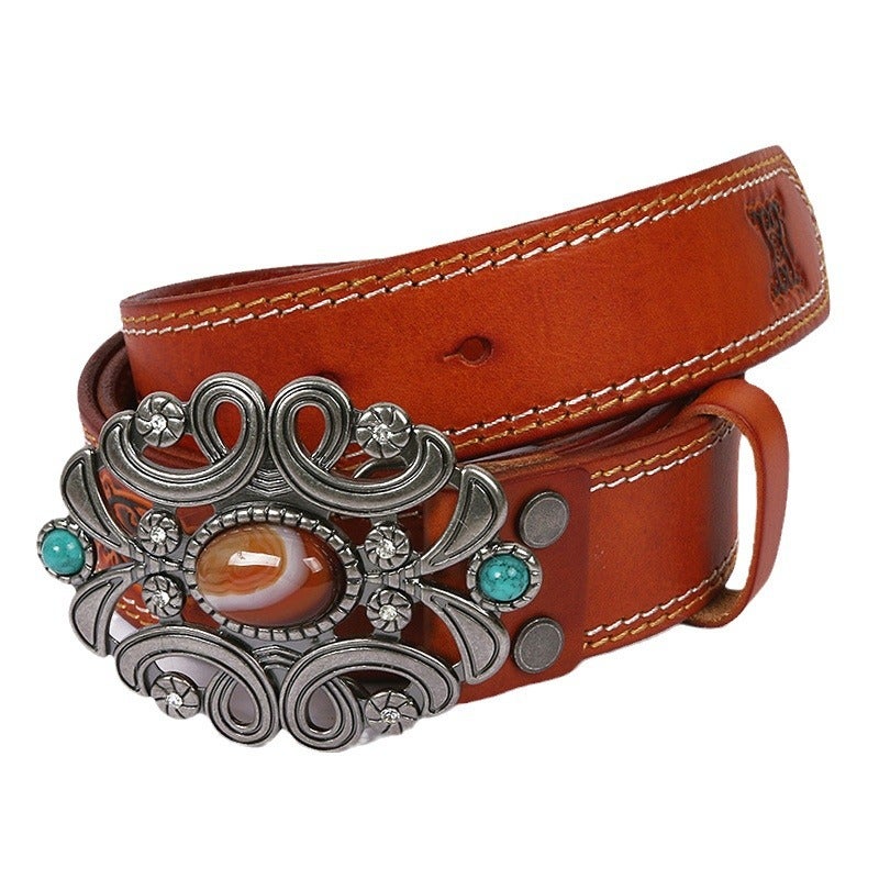 Mongolian ethnic style first layer cowhide belt simulation agate stone smooth buckle men and women embossed belt wholesale - Image 3