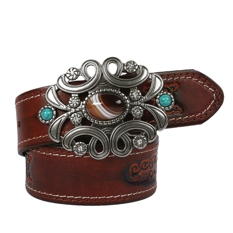 Mongolian ethnic style first layer cowhide belt simulation agate stone smooth buckle men and women embossed belt wholesale - Image 2