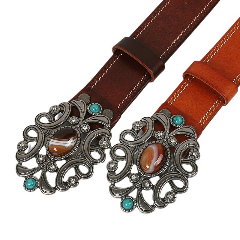 Mongolian ethnic style first layer cowhide belt simulation agate stone smooth buckle men and women embossed belt wholesale - Image 4