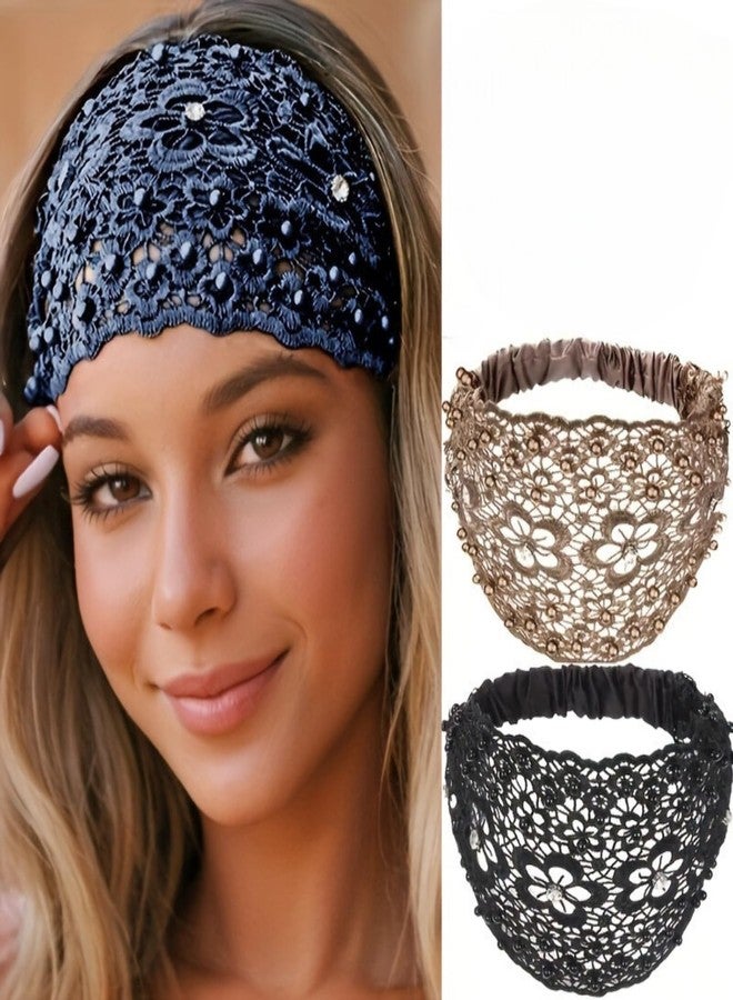 KickZu Lace Headbands for Women, Wide Floral Pearl Lace Elastic Head Bands, Bandanas for Hair, Head Cover for Women, Hair Band for Women Stylish, Beanie Cap for Women, Viral Forehead Hair Band (Multicolor, Pack-2) - Image 1