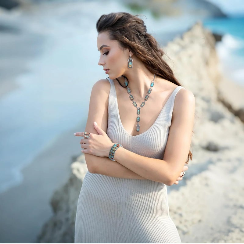 JMScape 4 PCS Western Turquoise Jewelry for Women Boho Vintage Navajo Pearl Necklace Earring Bracelet Ring Set Country Cowgirl Accessories for Gift (I-Blue) - Image 2