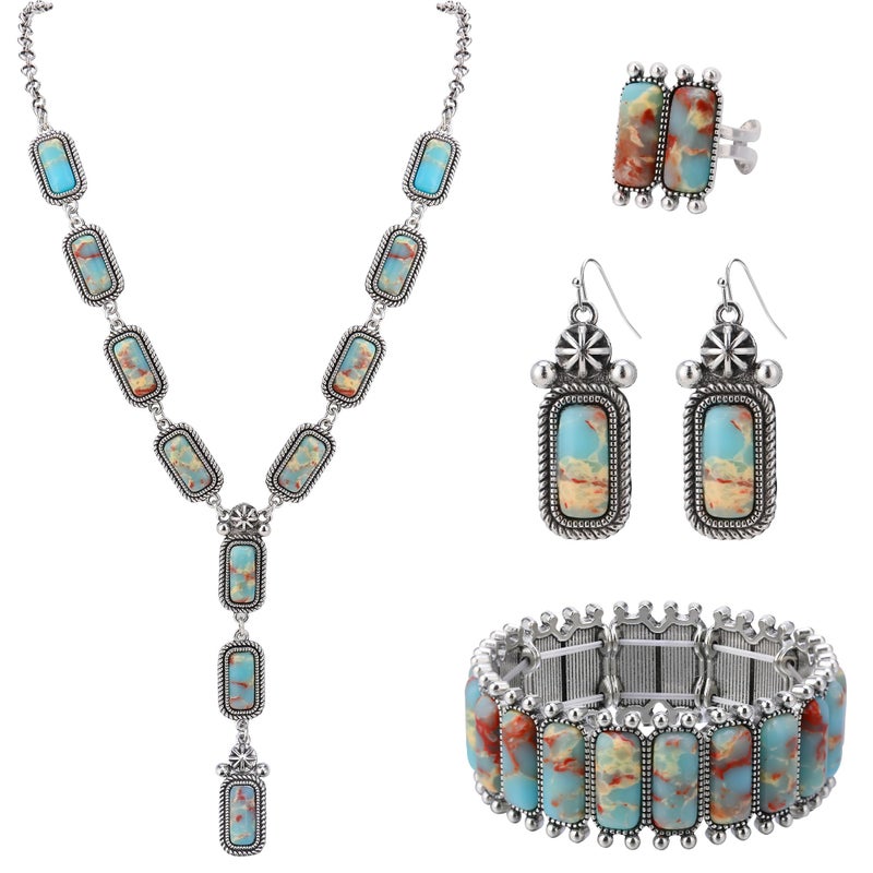 JMScape 4 PCS Western Turquoise Jewelry for Women Boho Vintage Navajo Pearl Necklace Earring Bracelet Ring Set Country Cowgirl Accessories for Gift (I-Blue) - Image 1