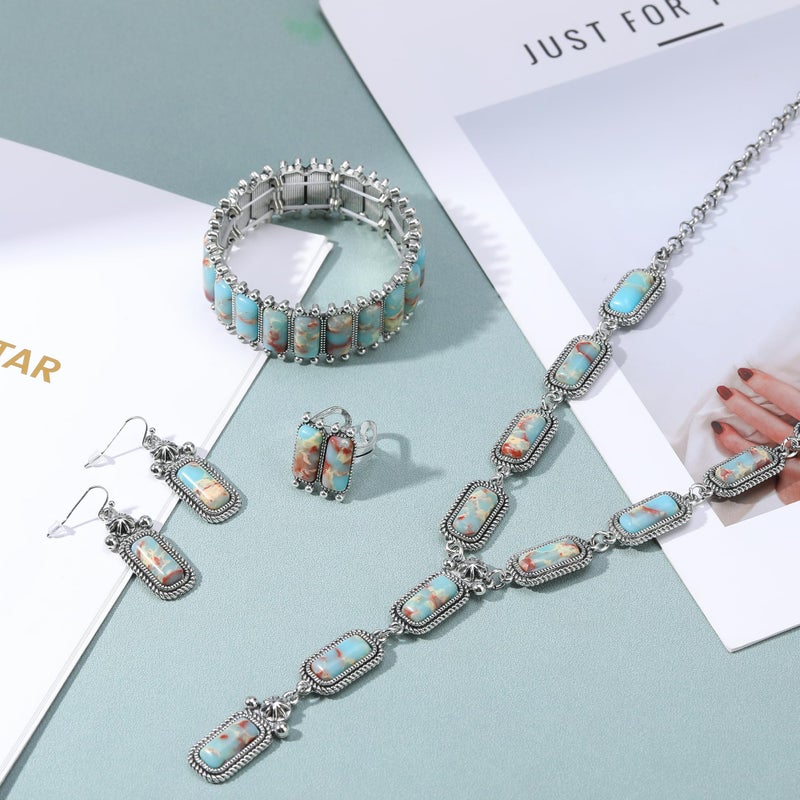 JMScape 4 PCS Western Turquoise Jewelry for Women Boho Vintage Navajo Pearl Necklace Earring Bracelet Ring Set Country Cowgirl Accessories for Gift (I-Blue) - Image 3