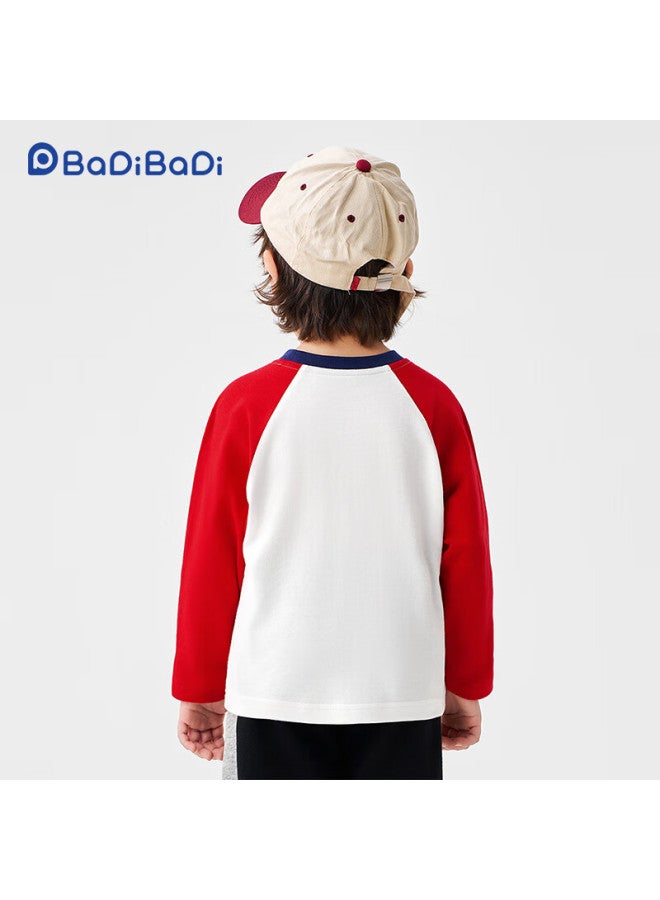 Badibadi Pure Cotton Baby And Toddler Long-sleeve Raglan T-shirt With Contrasting Color Trim, Comfortable And Versatile, Red, Bread Rabbit Pattern, Size 140