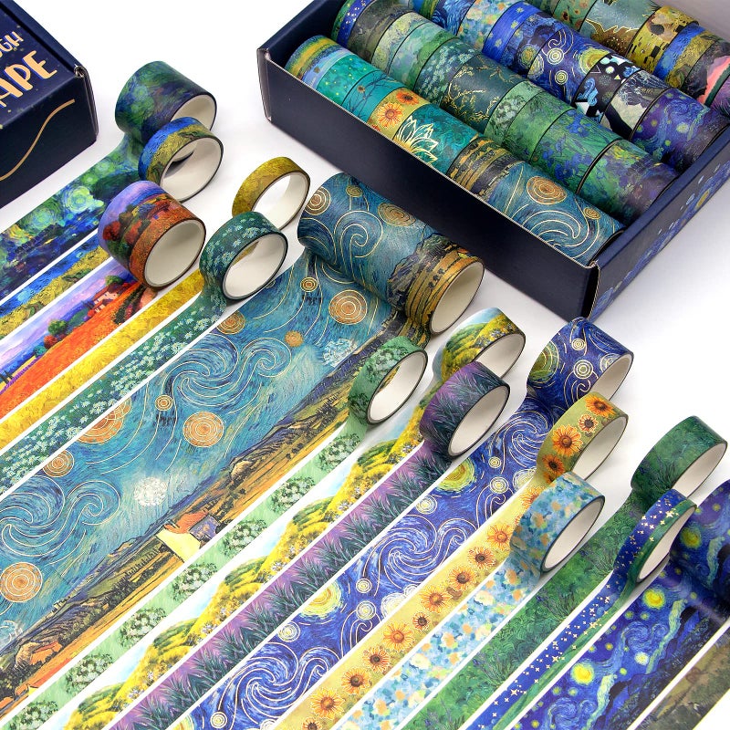 Geesinimo 36 Rolls Van Gogh Washi Tape Set with Gold Foil, 6 Sizes Art Decorative Masking Tape, Aesthetic Masterpiece Collection for Scrapbooking, Journaling, DIY Crafts & Gift Wrapping - No-Residue - Image 3