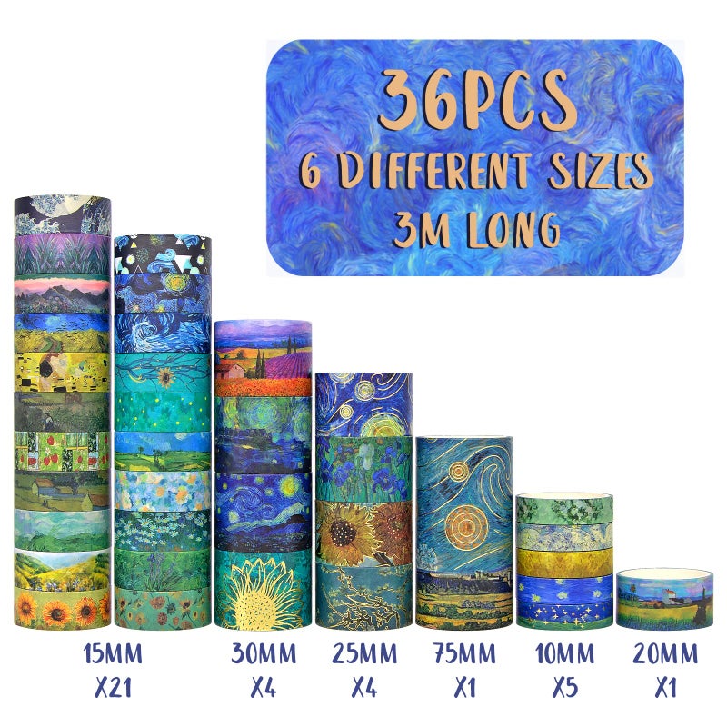 Geesinimo 36 Rolls Van Gogh Washi Tape Set with Gold Foil, 6 Sizes Art Decorative Masking Tape, Aesthetic Masterpiece Collection for Scrapbooking, Journaling, DIY Crafts & Gift Wrapping - No-Residue - Image 2